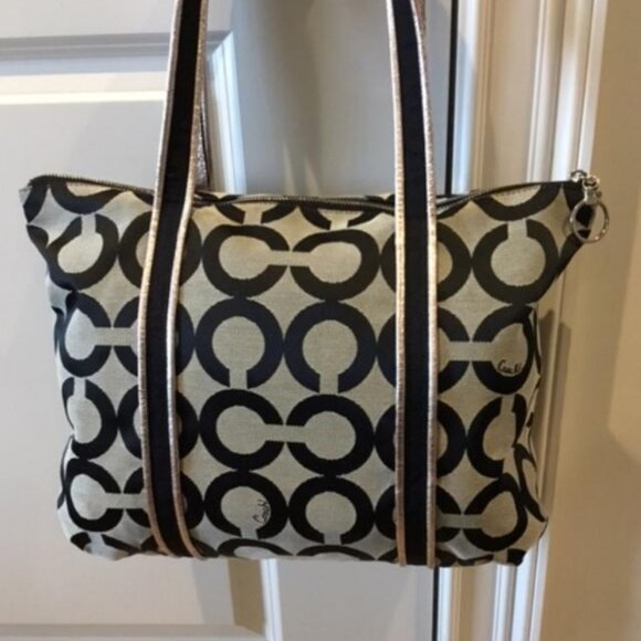 Coach Poppy Optic Op Art Glam Signature Tote Bag Black Grey Silver #13826 - Picture 3 of 12